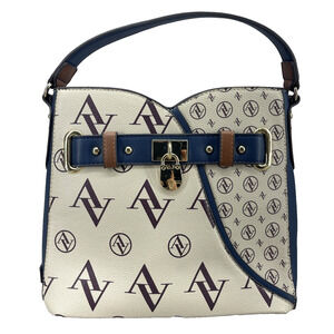 Adrienne Vittadini Sig Crossbody Logo Monogram Buckle Lock Detail Blue Tan Cream